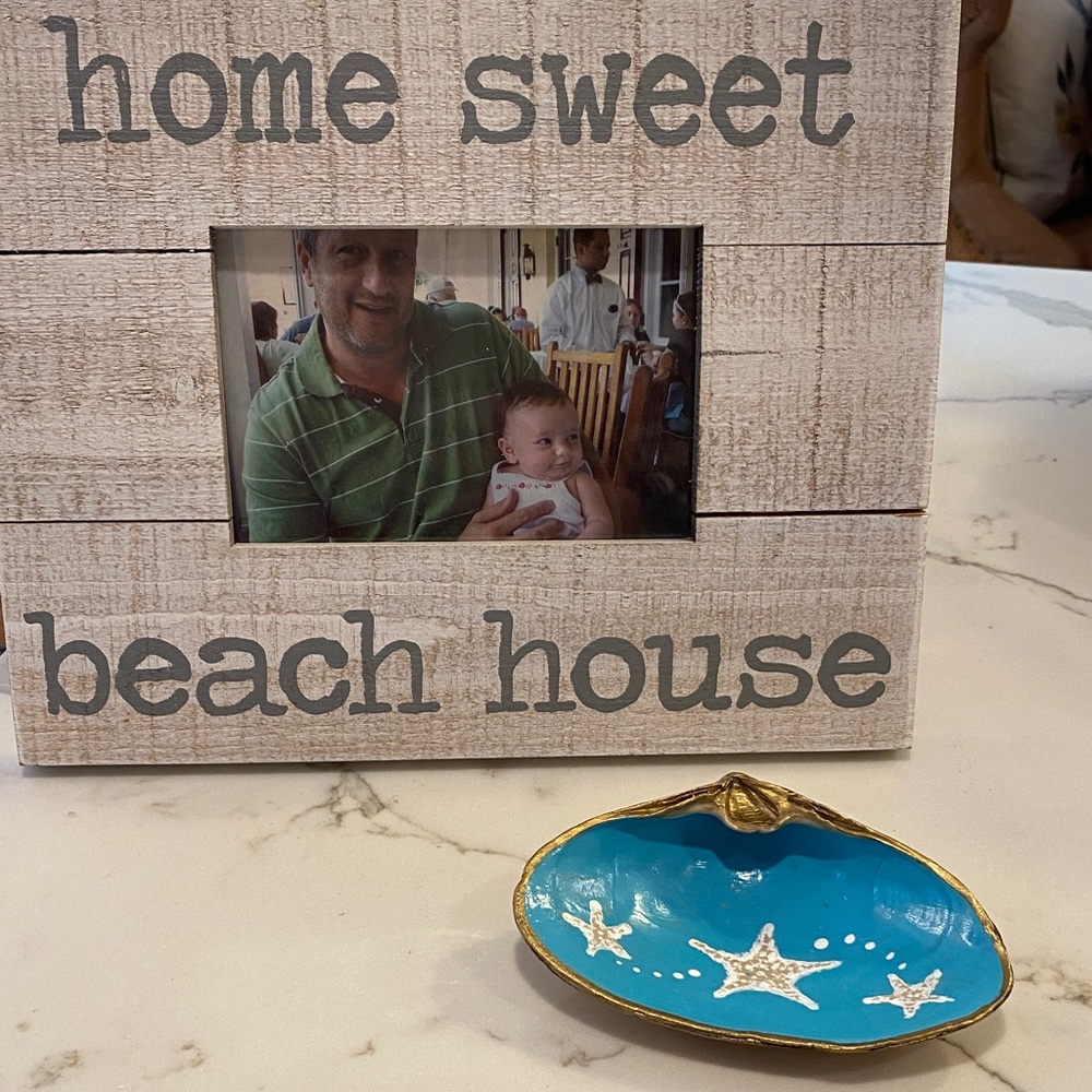 NWOT Blue Gold Hand painted signed by Artist Starfish sea shell Trinket Dish